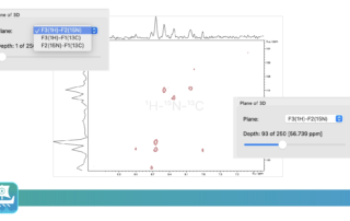 Image depicts a 3D NMR spectrum with overlays of the JASON settings showing the plane selection in the top left and the slider to navigate through the data plane by plane in the bottom right.